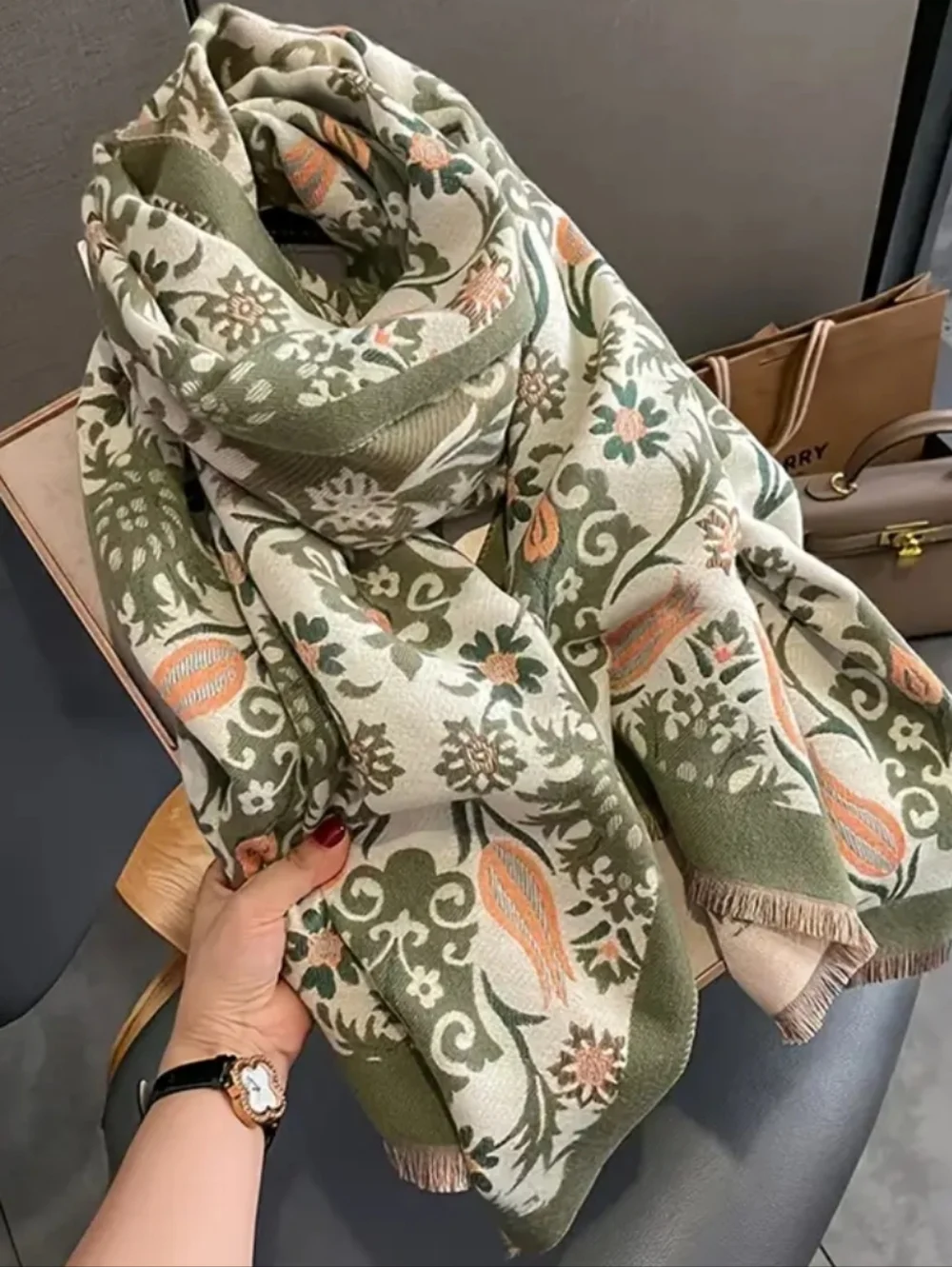 NEW! Floral Olive & Sunset Cashmere-Feel Shawl Scarf XL - Picture 2 of 5